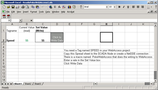 Screenshot of EXCEL with DDEPOKE to write data to WebAccess